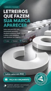 Sua fachada fala pela sua empresa antes mesmo do atendimento começar.

A letra caixa em PVC é uma solução elegante, moderna e versátil para quem deseja destacar a marca com volume, acabamento limpo e presença visual.

Na Abrasil, cada projeto é produzido com cuidado, precisão e foco no resultado final: fazer sua empresa aparecer mais e ser lembrada pelo cliente certo.

Solicite seu orçamento e transforme a comunicação visual do seu negócio.

WhatsApp: 31 3544-1777
Abrasil, o nosso negócio é você aparecer.
